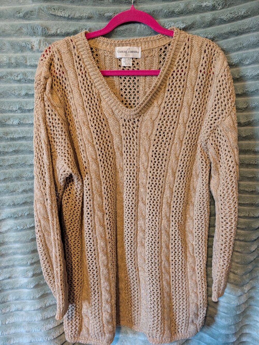 Vintage Casual Corner Oversized Cable Knit Open Weave Gold Metallic Sweater Medi